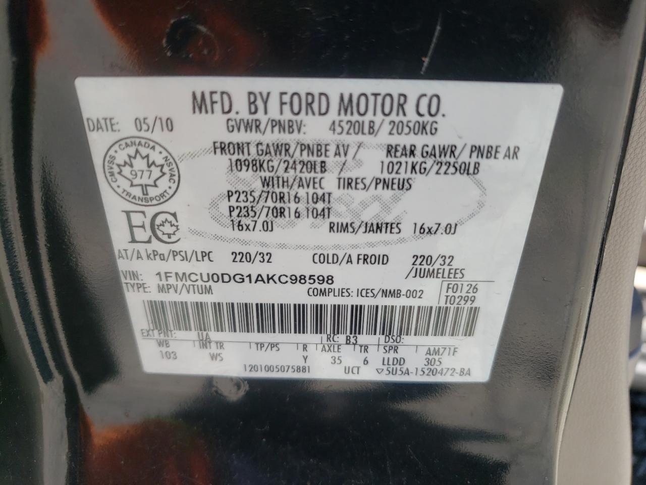 Photo 10 from auction – 2010 FORD ESCAPE XLT with VIN 1FMCU0DG1AKC98598