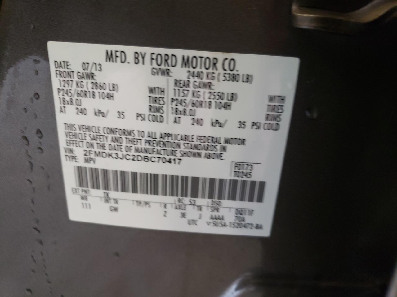 Photo 10 from auction – 2013 FORD EDGE SEL with VIN 2FMDK3JC2DBC70417