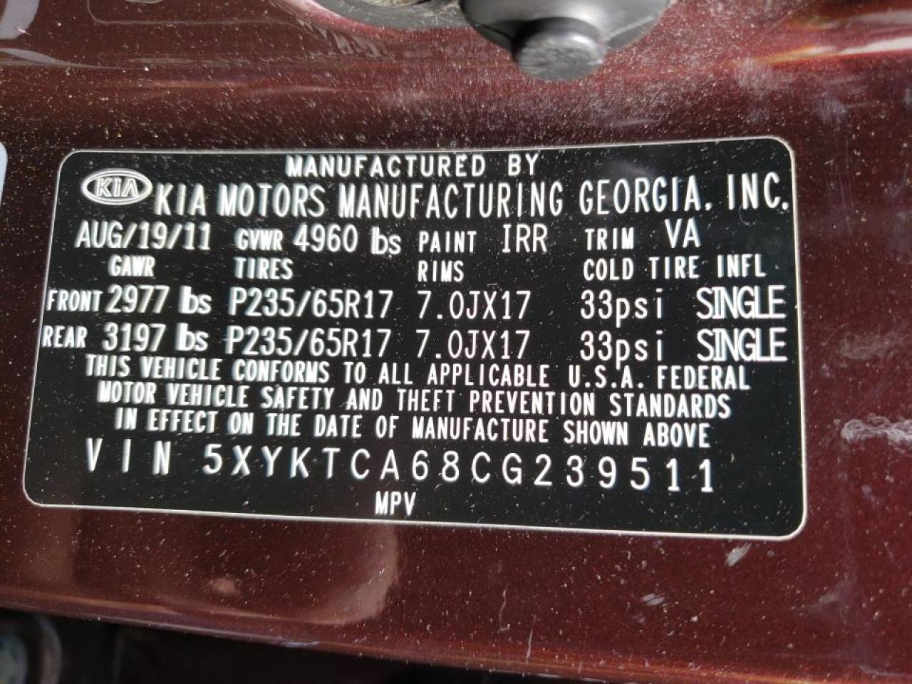 Photo 10 from auction – 2012 KIA SORENTO BA with VIN 5XYKTCA68CG239511