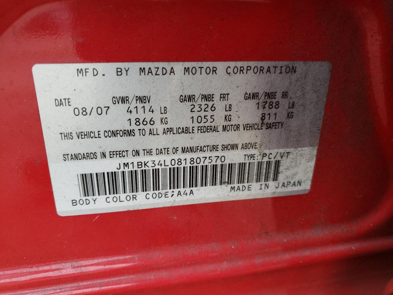 Photo 11 from auction – 2008 MAZDA SPEED 3 with VIN JM1BK34L081807570