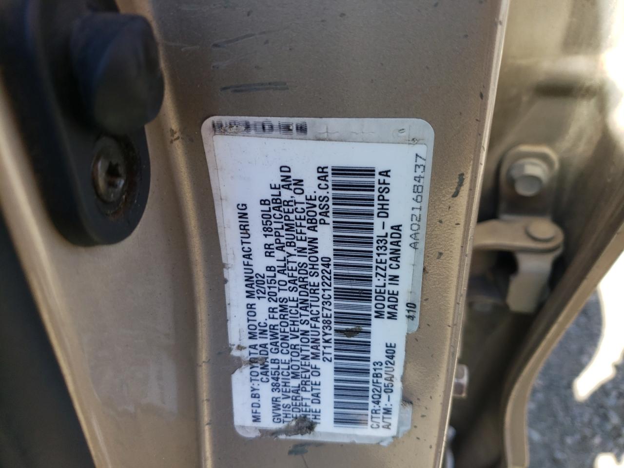Photo 10 from auction – 2003 TOYOTA COROLLA MA with VIN 2T1KY38E73C122240