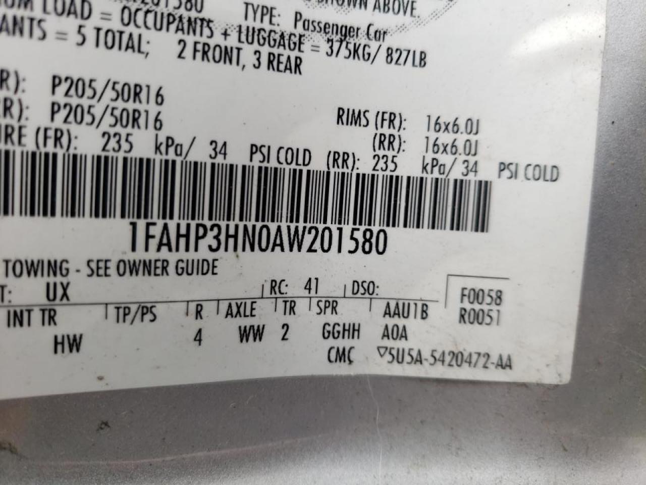 Photo 10 from auction – 2010 FORD FOCUS SEL with VIN 1FAHP3HN0AW201580