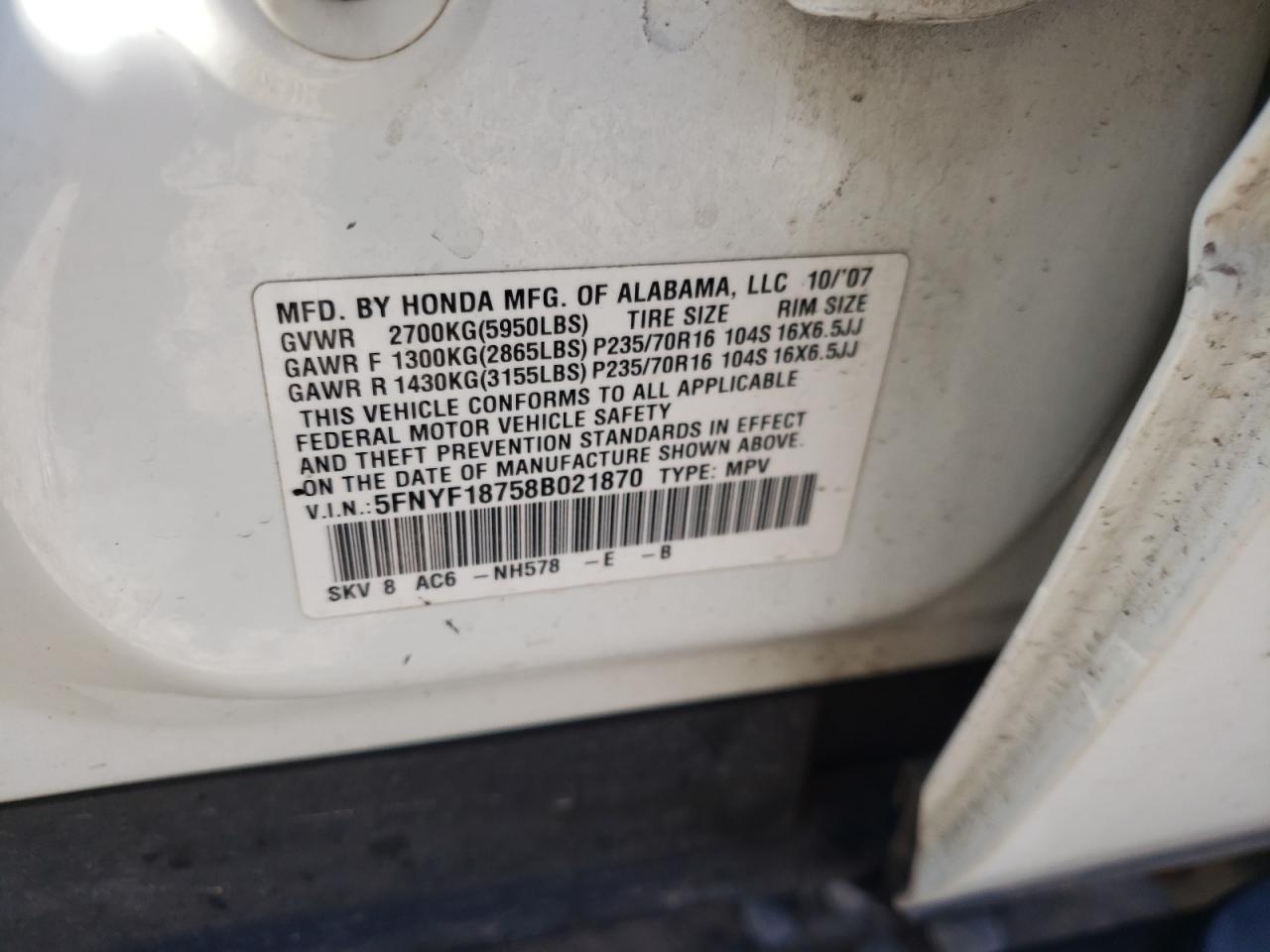 Фото 10 с аукциона – 2008 HONDA PILOT EXL с VIN 5FNYF18758B021870