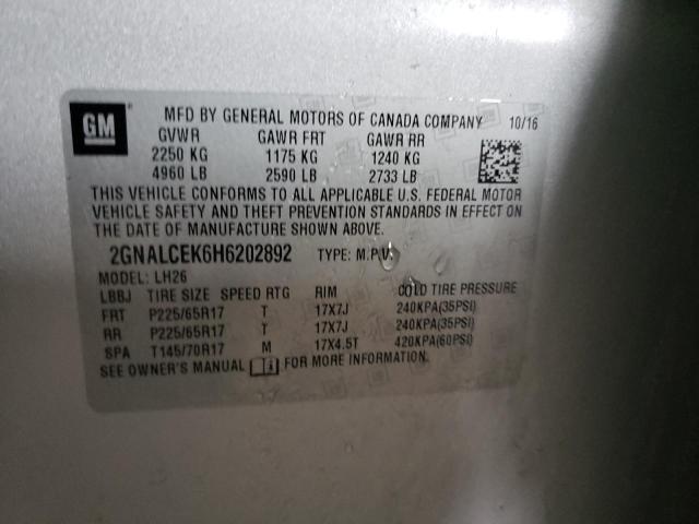 Photo 10 from auction – 2017 CHEVROLET EQUINOX LT with VIN 2GNALCEK6H6202892