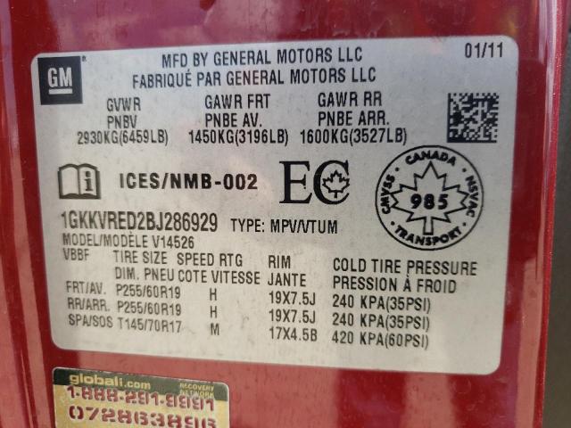 Photo 10 from auction – 2011 GMC ACADIA SLT with VIN 1GKKVRED2BJ286929