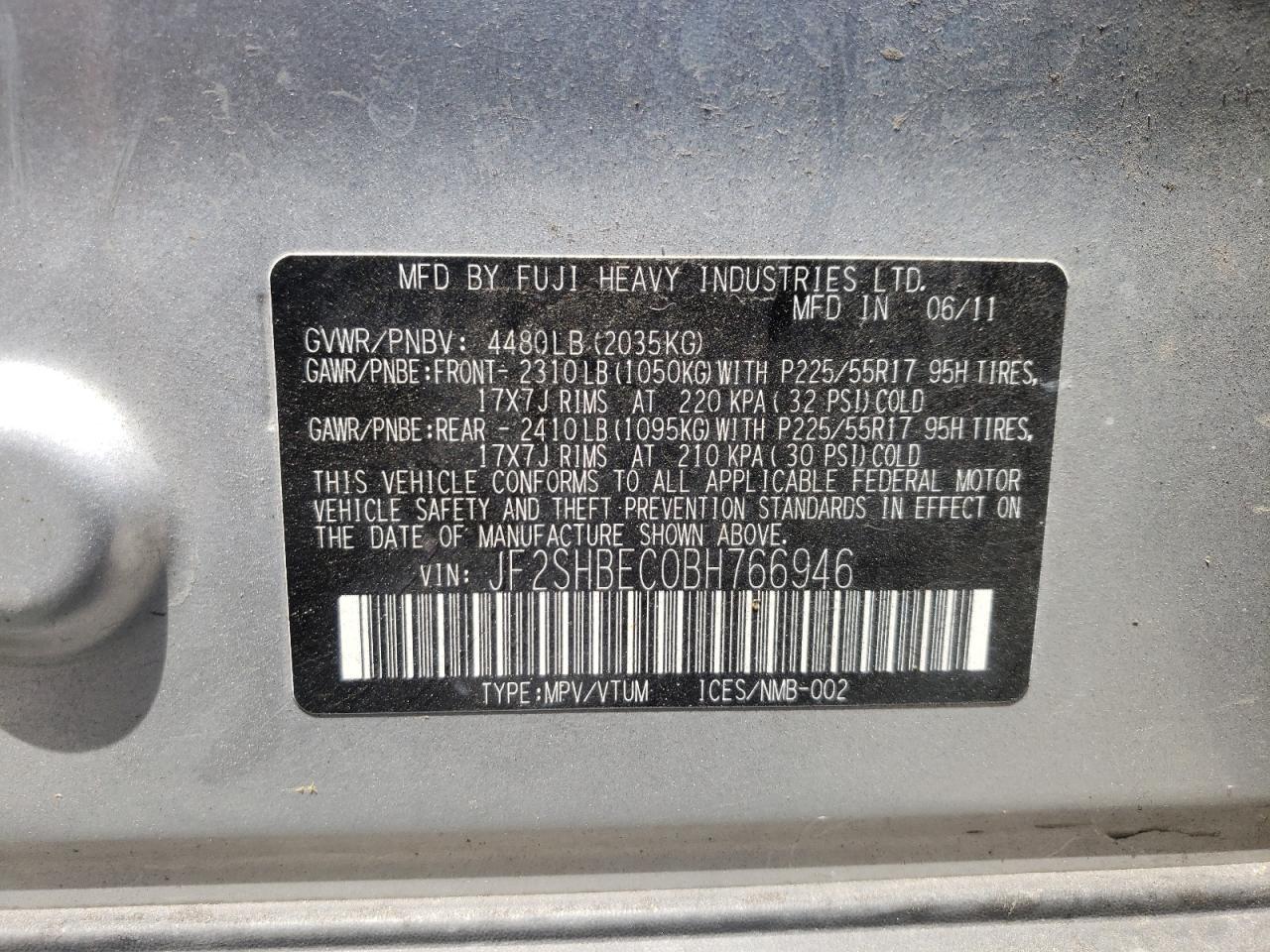 Photo 10 from auction – 2011 SUBARU FORESTER L with VIN JF2SHBEC0BH766946