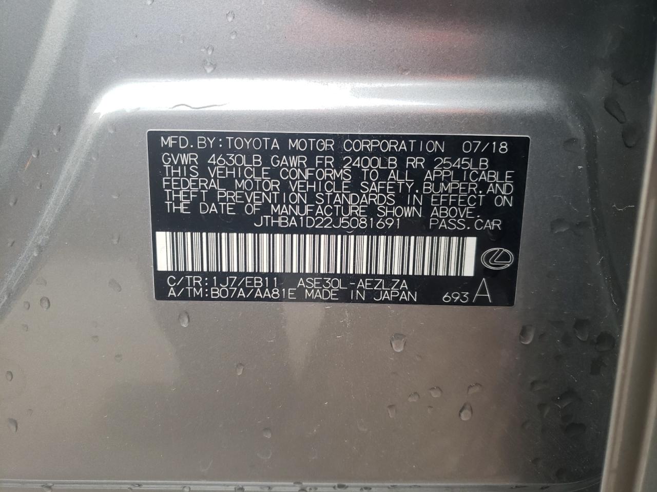 Photo 10 from auction – 2018 LEXUS IS 300 with VIN JTHBA1D22J5081691