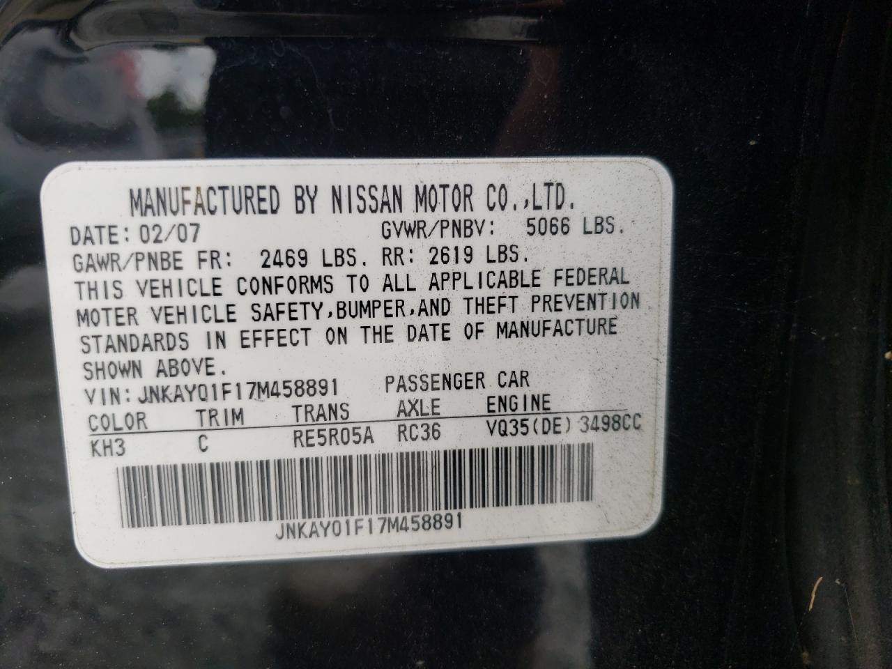 Photo 10 from auction – 2007 INFINITI M35 BASE with VIN JNKAY01F17M458891