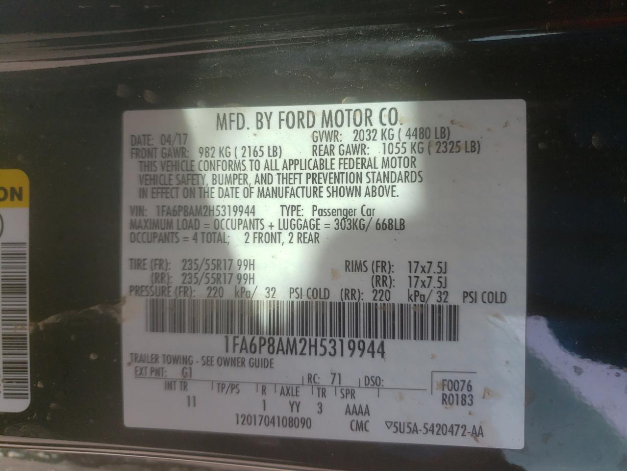 Photo 10 from auction – 2017 FORD MUSTANG with VIN 1FA6P8AM2H5319944