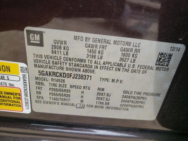 Photo 10 from auction – 2015 BUICK ENCLAVE with VIN 5GAKRCKD0FJ238371