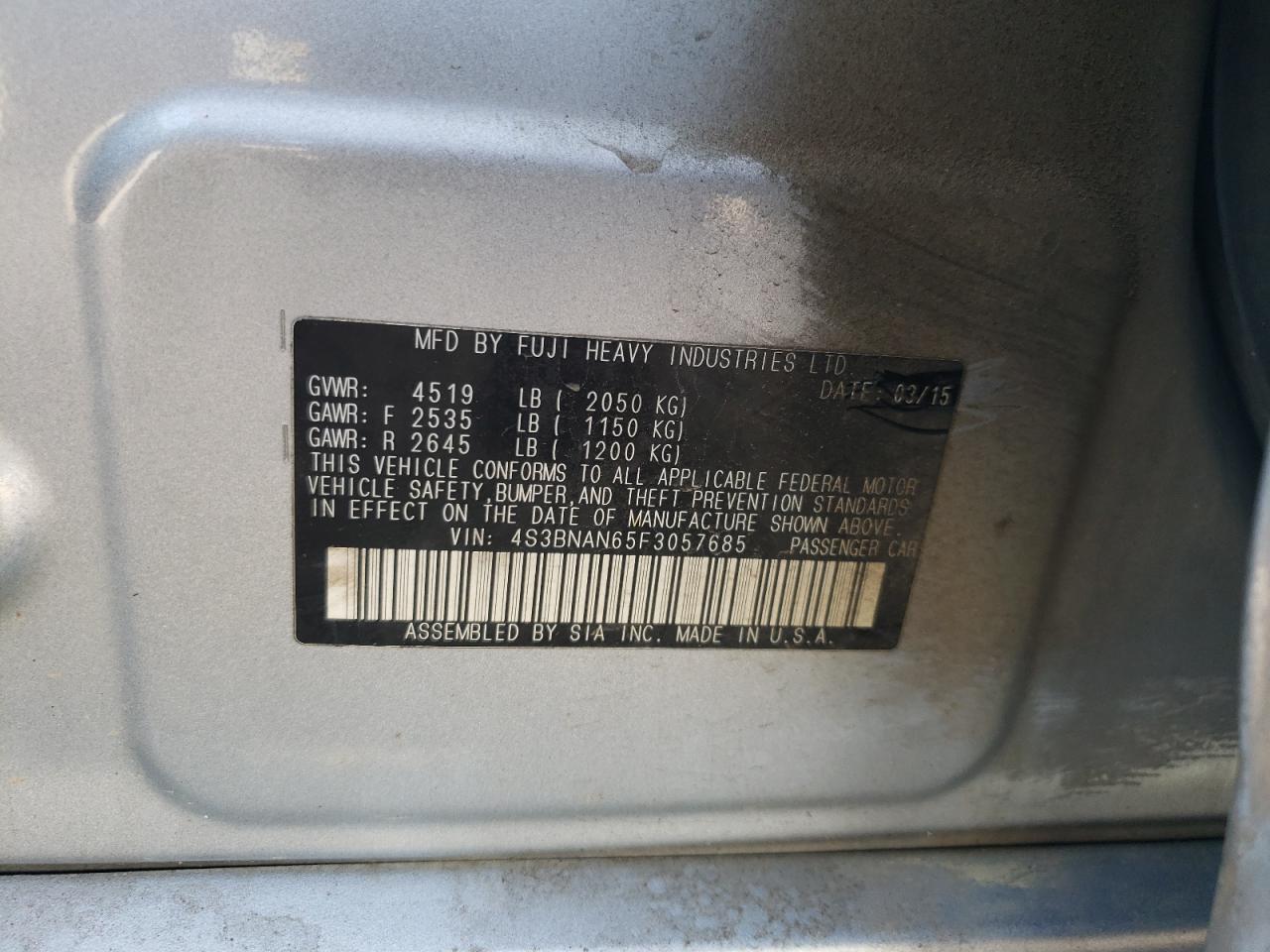 Photo 11 from auction – 2015 SUBARU LEGACY 2.5 with VIN 4S3BNAN65F3057685