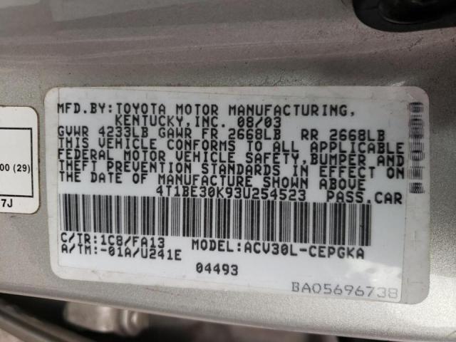 Photo 10 from auction – 2003 TOYOTA CAMRY LE with VIN 4T1BE30K93U254523