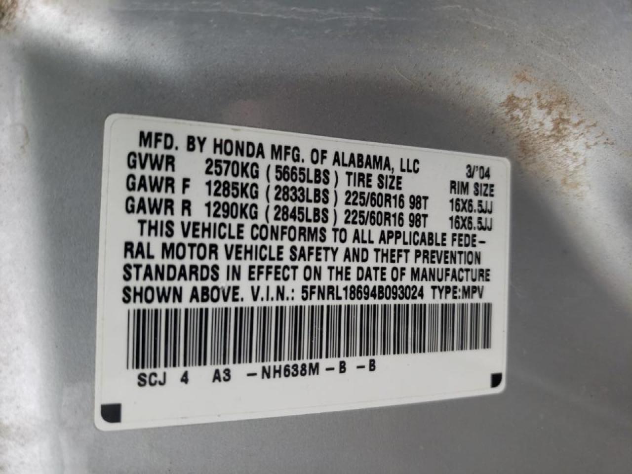 Photo 10 from auction – 2004 HONDA ODYSSEY EX with VIN 5FNRL18694B093024