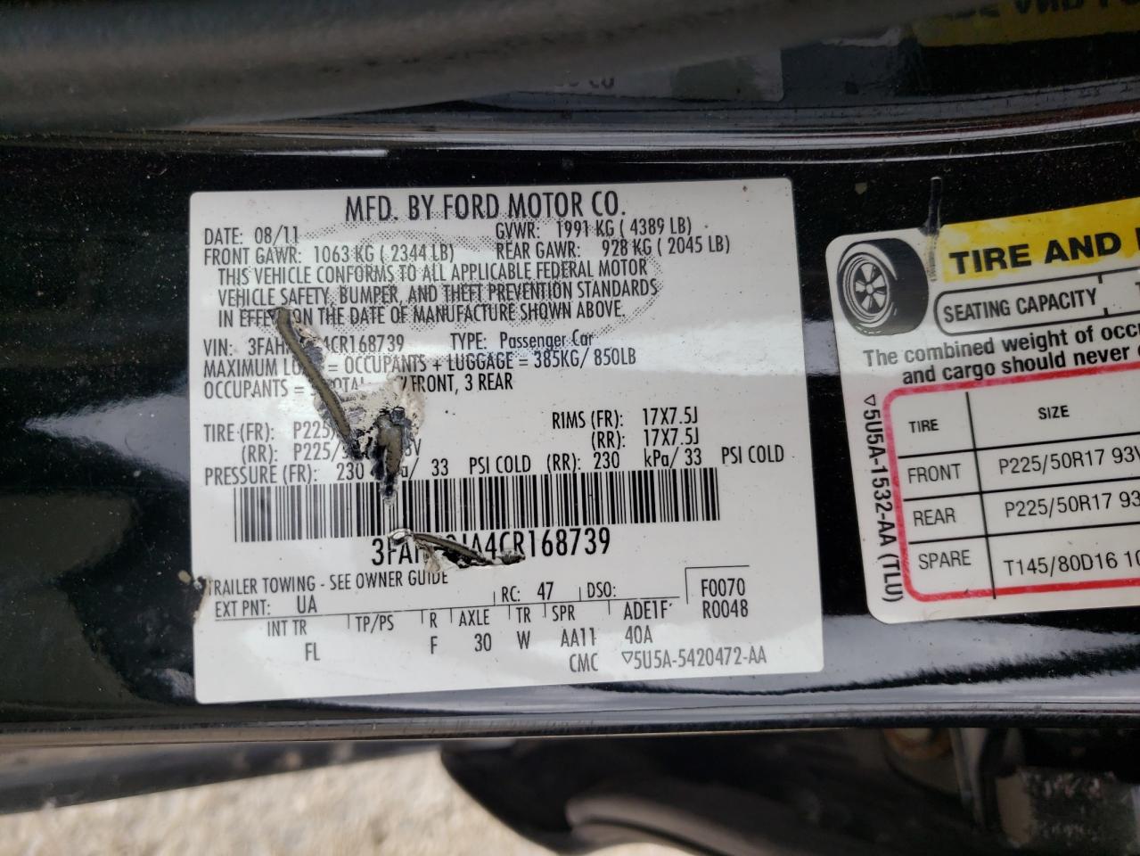 Photo 10 from auction – 2012 FORD FUSION SEL with VIN 3FAHP0JA4CR168739