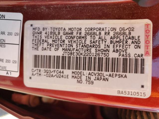 Photo 10 from auction – 2002 TOYOTA CAMRY LE with VIN JTDBE30K220126750