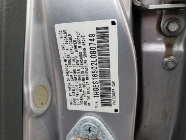 Photo 10 from auction – 2002 HONDA CIVIC LX with VIN 1HGES16502L080749