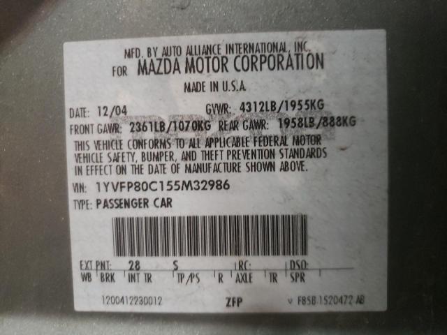 Photo 10 from auction – 2005 MAZDA 6 I with VIN 1YVFP80C155M32986