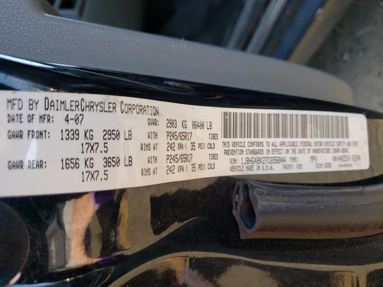 Photo 10 from auction – 2007 JEEP COMMANDER with VIN 1J8HG48K27C656844