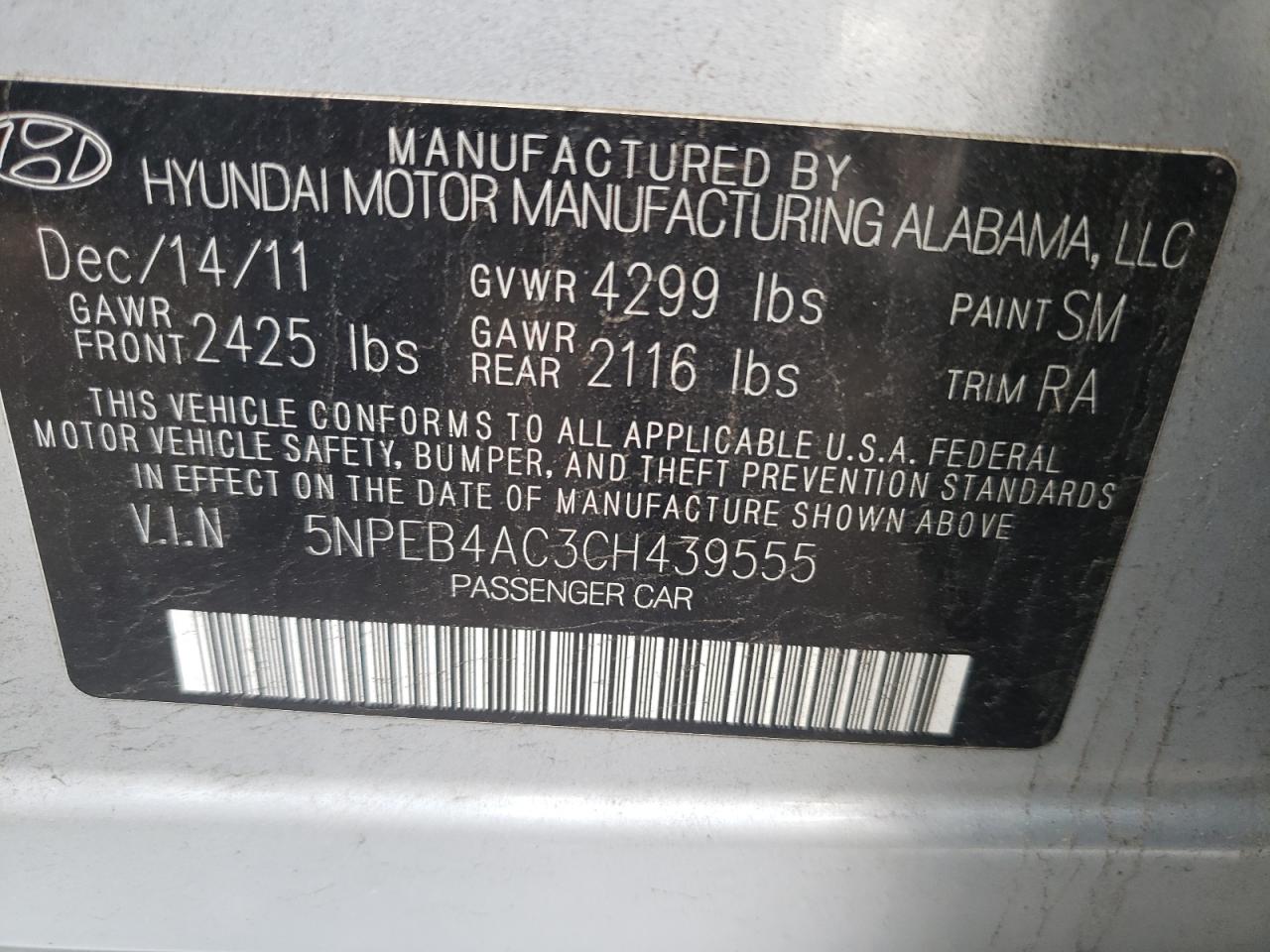 Photo 11 from auction – 2012 HYUNDAI SONATA GLS with VIN 5NPEB4AC3CH439555