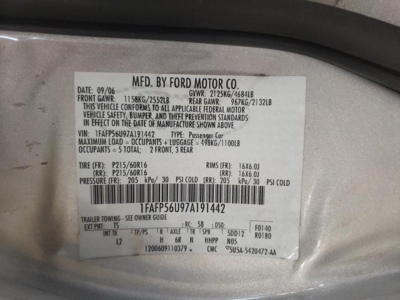 Photo 10 from auction – 2007 FORD TAURUS SEL with VIN 1FAFP56U97A191442