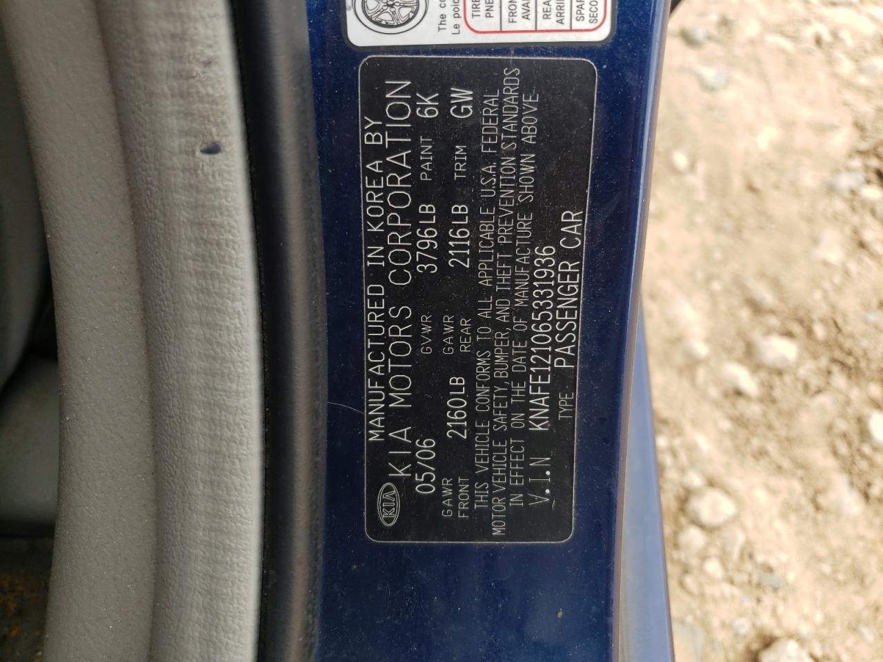Photo 10 from auction – 2006 KIA SPECTRA LX with VIN KNAFE121065331936