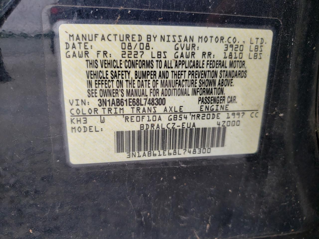 Photo 10 from auction – 2008 NISSAN SENTRA 2.0 with VIN 3N1AB61E68L748300