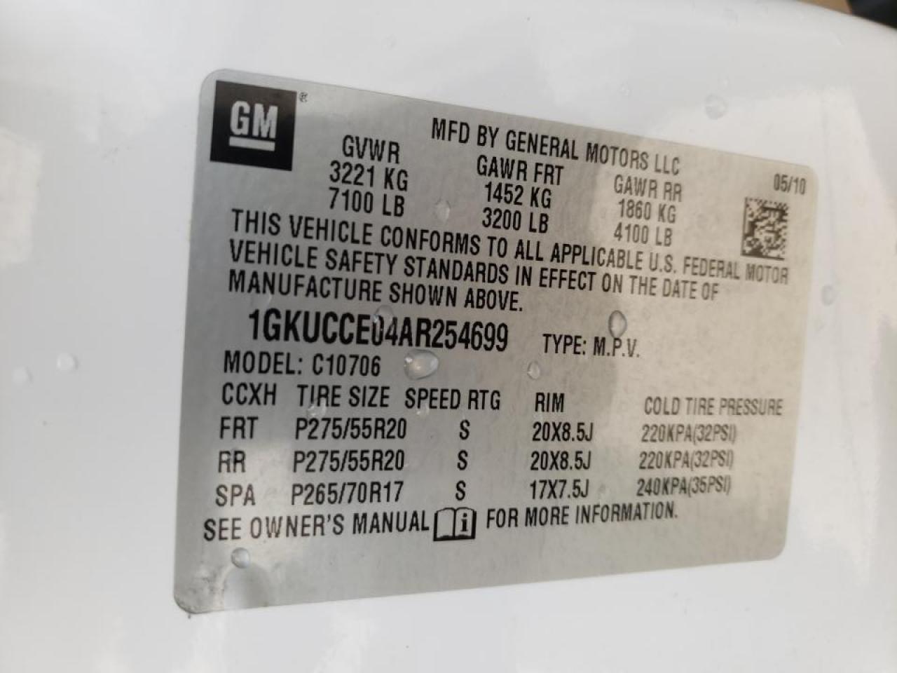 Photo 10 from auction – 2010 GMC YUKON SLT with VIN 1GKUCCE04AR254699