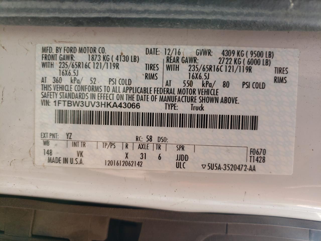 Photo 10 from auction – 2017 FORD TRANSIT T- with VIN 1FTBW3UV3HKA43066
