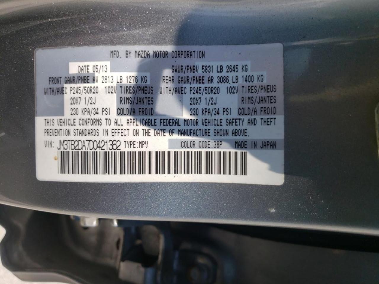 Photo 10 from auction – 2013 MAZDA CX-9 GRAND with VIN JM3TB2DA7D0421362