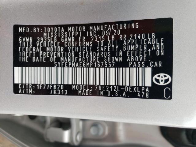 Photo 10 from auction – 2021 TOYOTA COROLLA LE with VIN 5YFEPMAE6MP167557