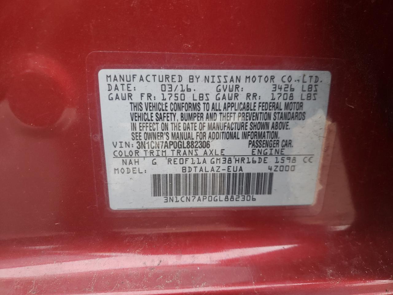 Photo 10 from auction – 2016 NISSAN VERSA S with VIN 3N1CN7AP0GL882306