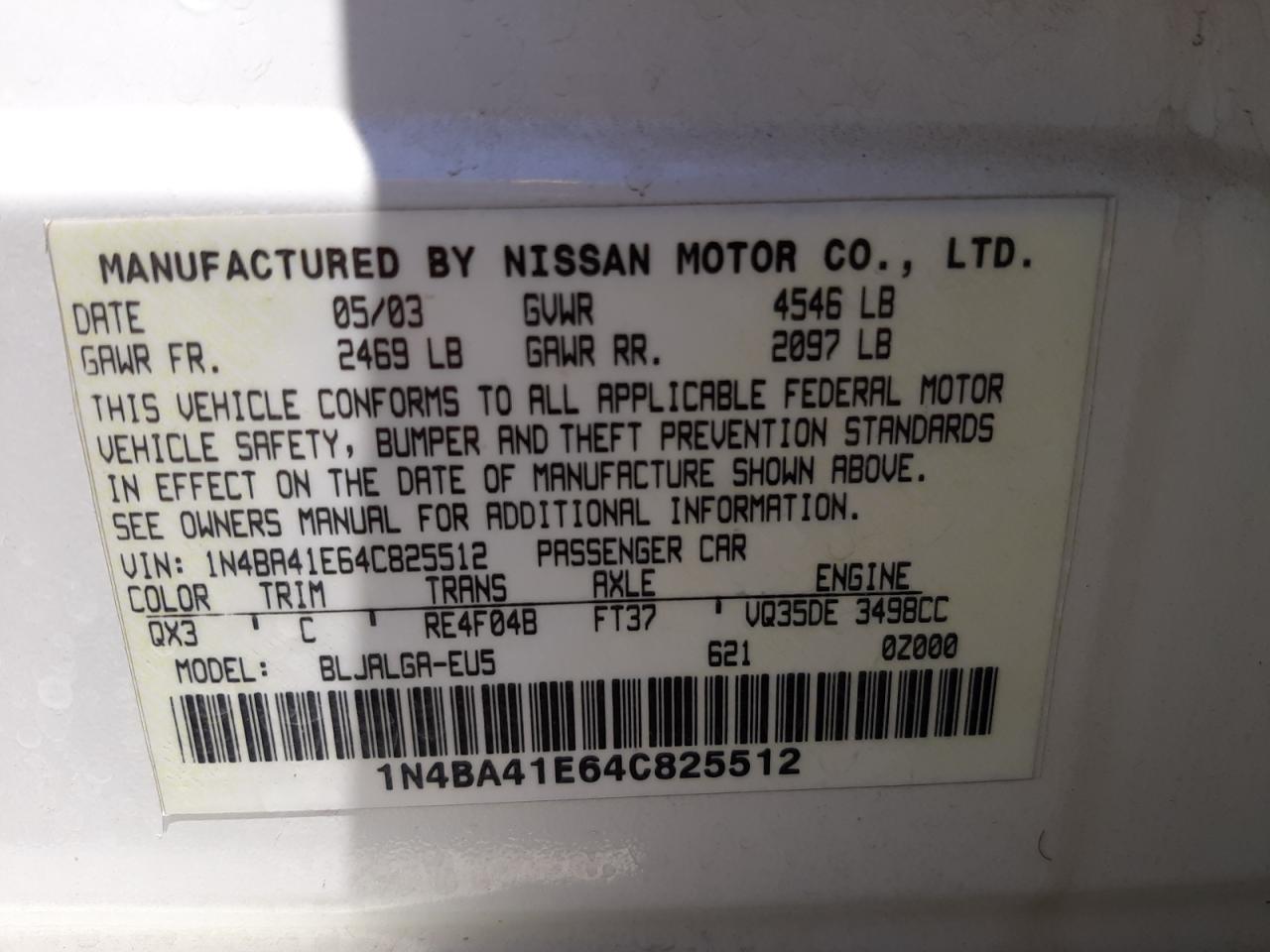 Photo 10 from auction – 2004 NISSAN MAXIMA SE with VIN 1N4BA41E64C825512