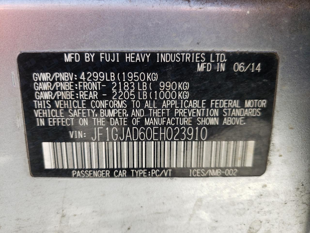 Photo 10 from auction – 2014 SUBARU IMPREZA PR with VIN JF1GJAD60EH023910