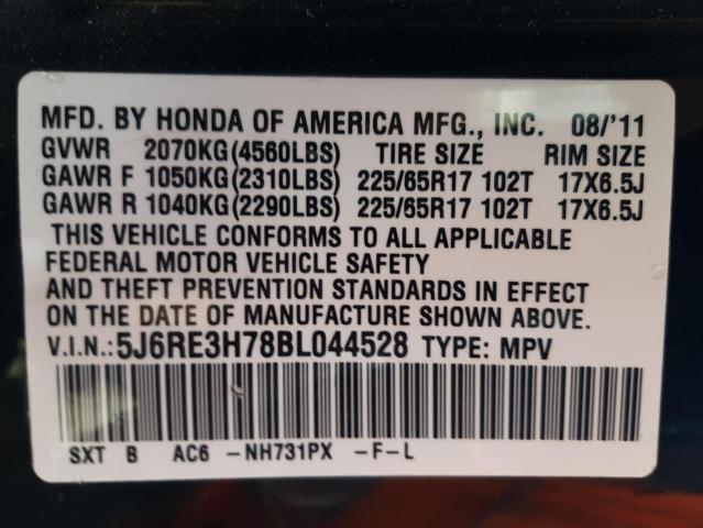 Photo 10 from auction – 2011 HONDA CR-V EXL with VIN 5J6RE3H78BL044528
