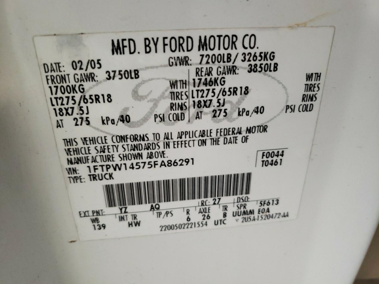 Photo 10 from auction – 2005 FORD F150 SUPER with VIN 1FTPW14575FA86291
