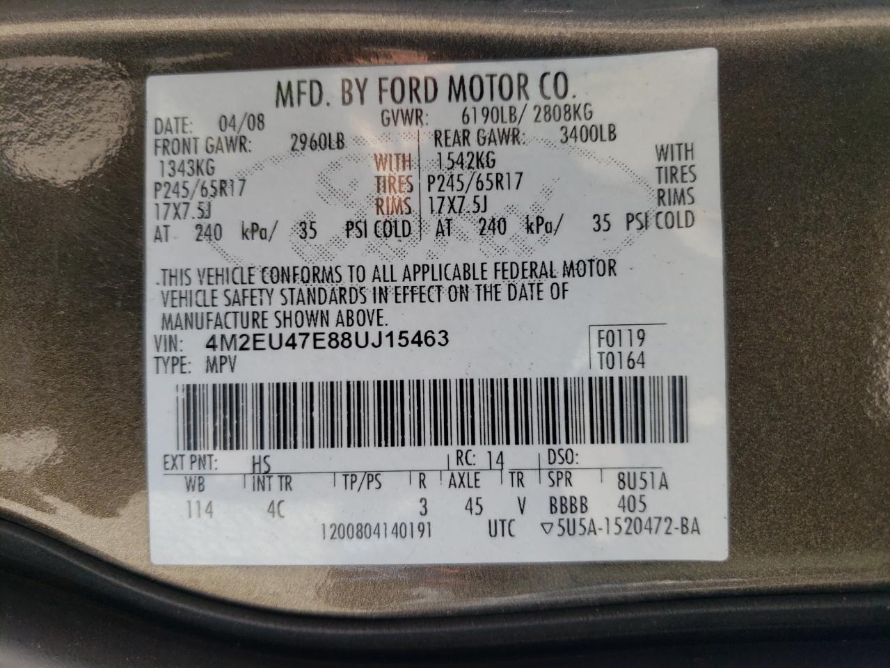 Photo 10 from auction – 2008 MERCURY MOUNTAINEE with VIN 4M2EU47E88UJ15463