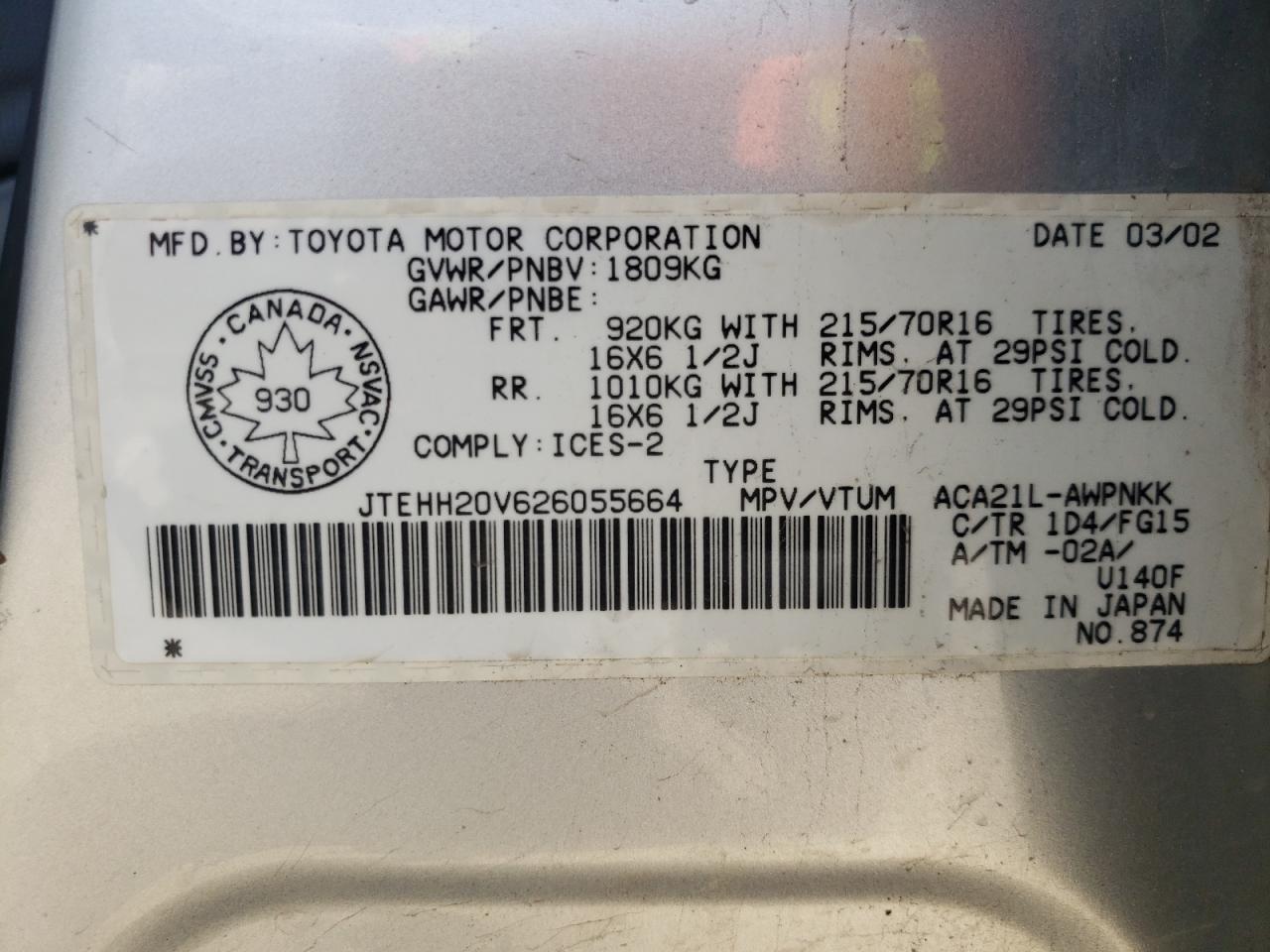 Photo 10 from auction – 2002 TOYOTA RAV4 with VIN JTEHH20V626055664