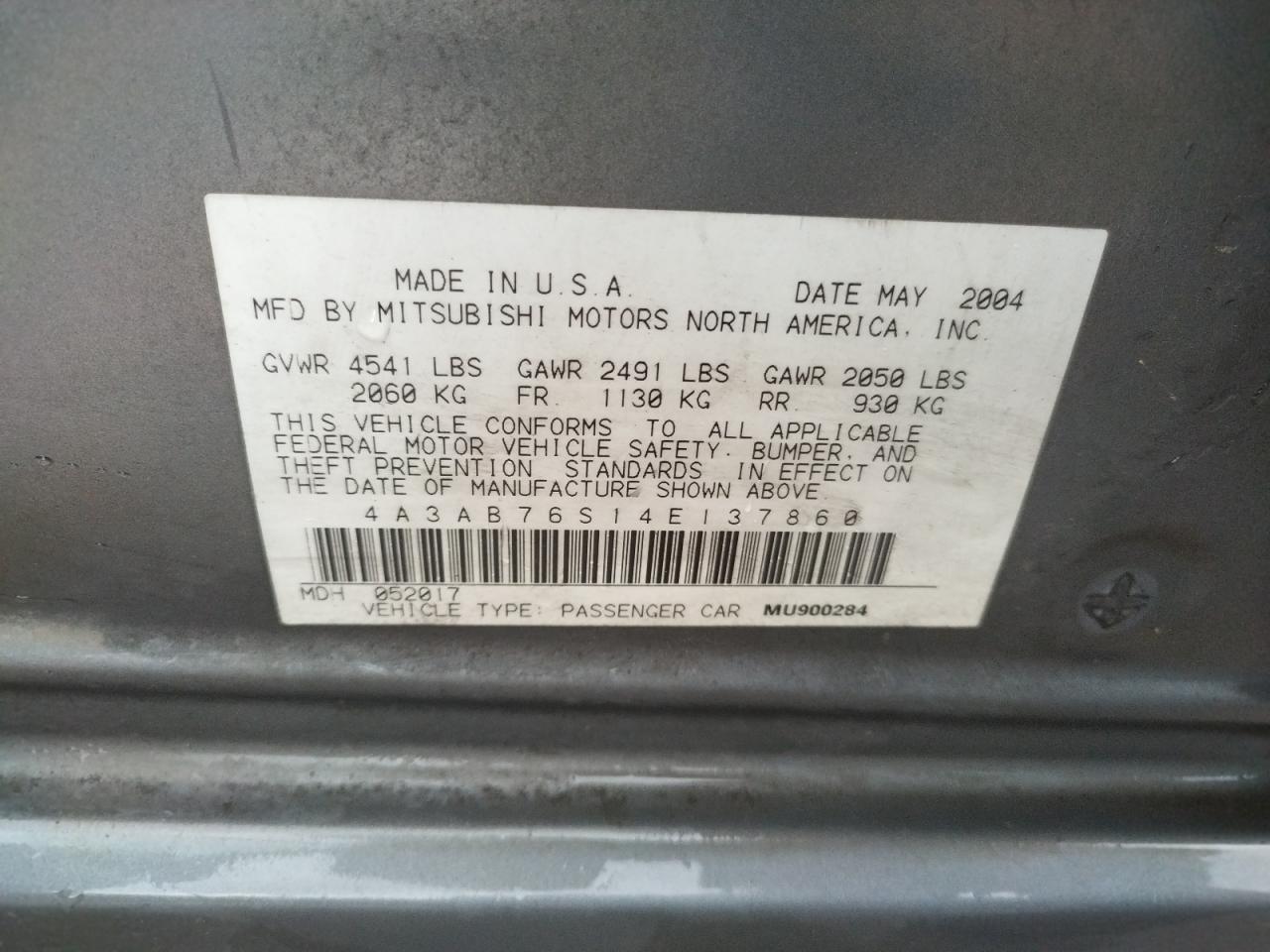 Photo 10 from auction – 2004 MITSUBISHI GALANT GTS with VIN 4A3AB76S14E137860