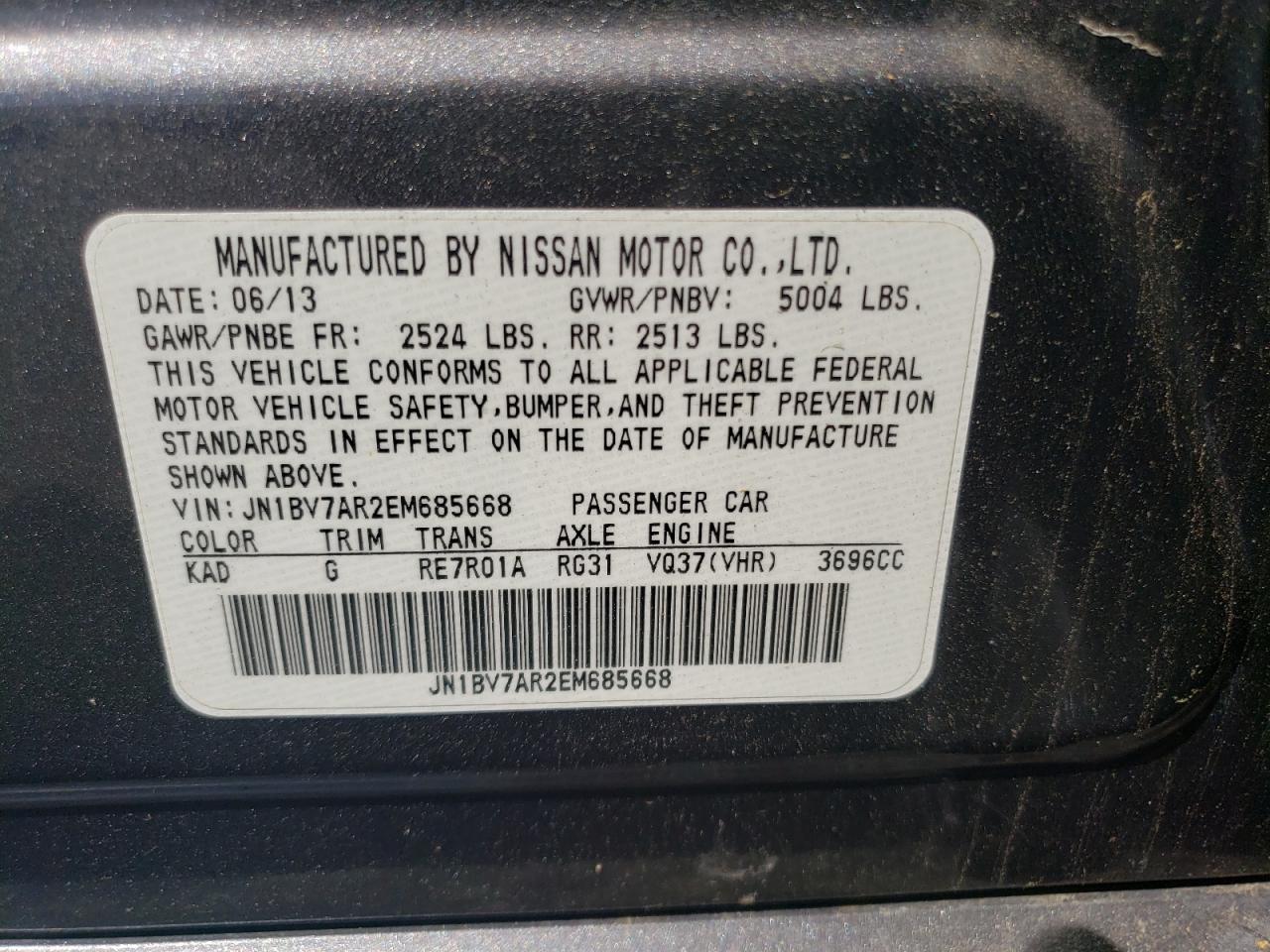 Photo 10 from auction – 2014 INFINITI Q50 BASE with VIN JN1BV7AR2EM685668
