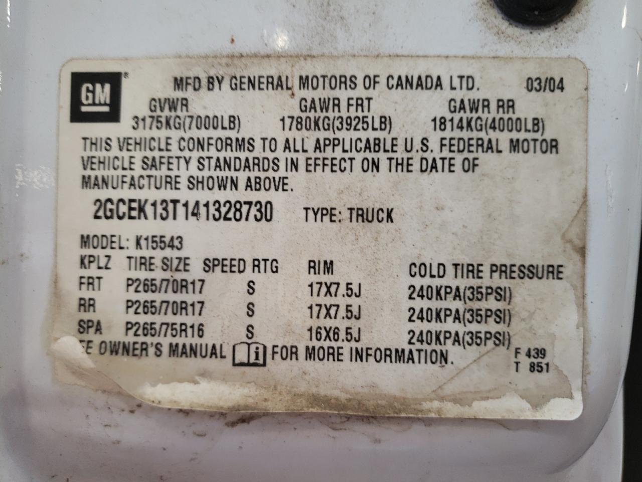 Photo 10 from auction – 2004 CHEVROLET SILVERADO with VIN 2GCEK13T141328730