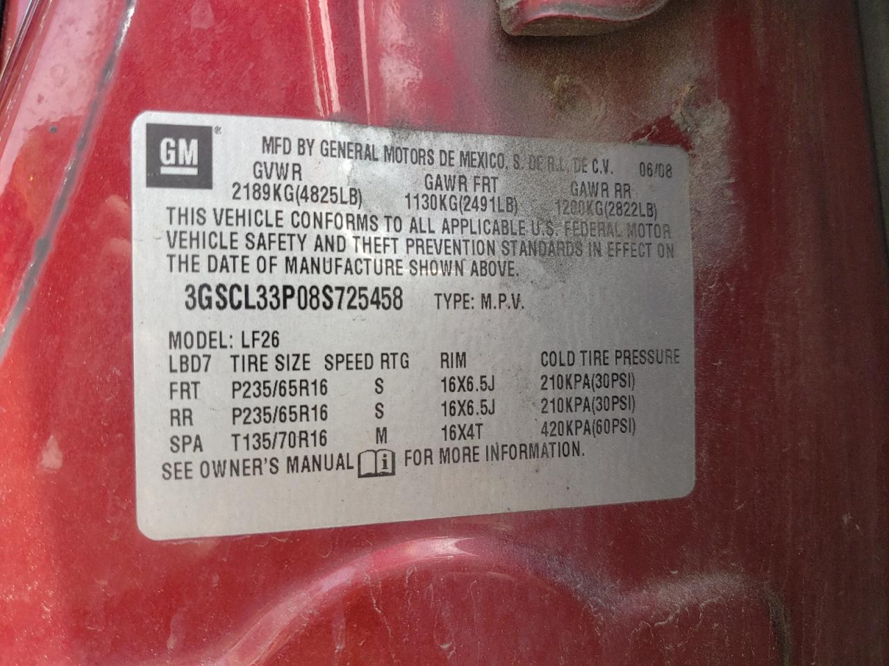 Photo 10 from auction – 2008 SATURN VUE XE with VIN 3GSCL33P08S725458