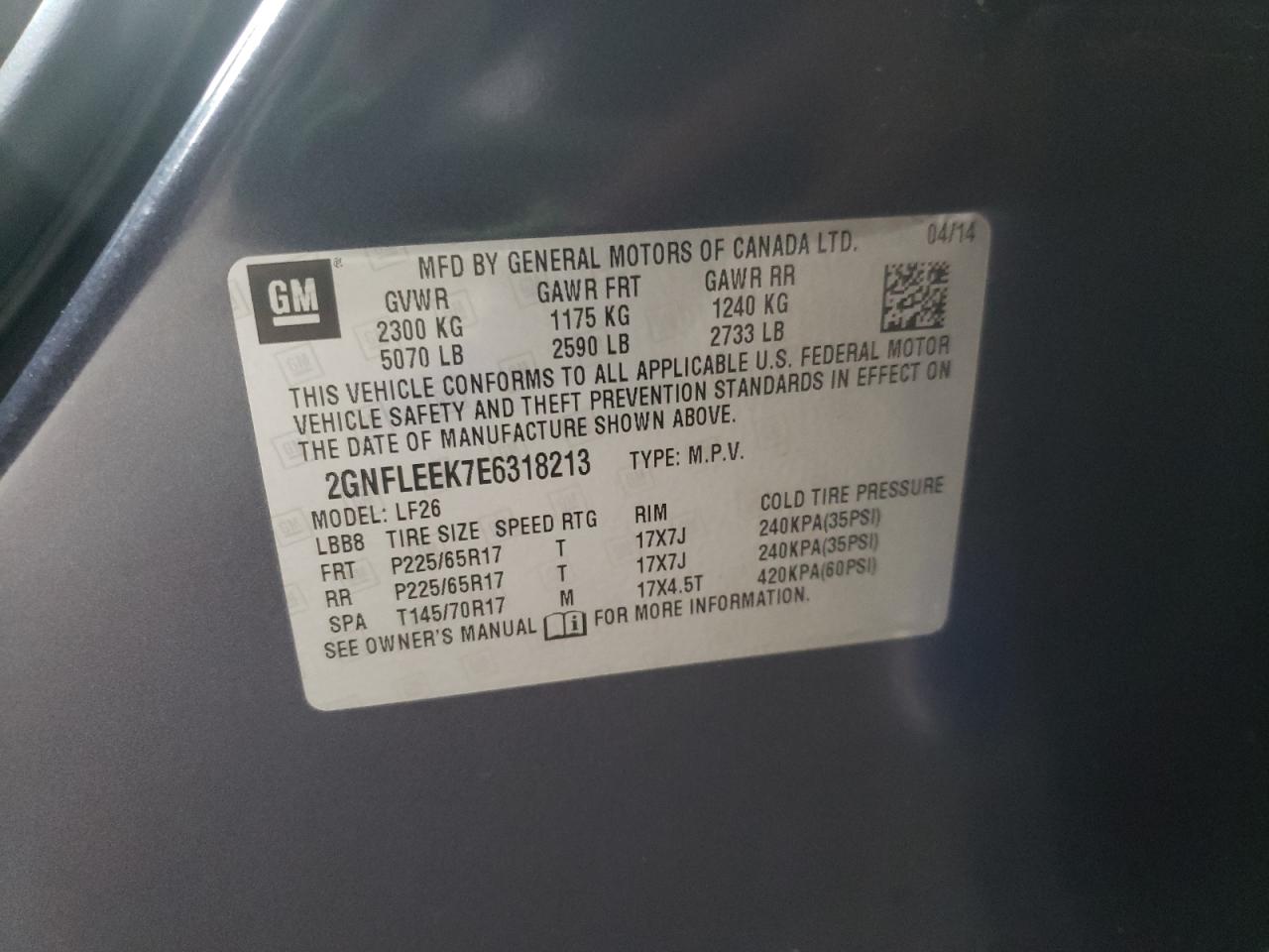 Photo 10 from auction – 2014 CHEVROLET EQUINOX LS with VIN 2GNFLEEK7E6318213