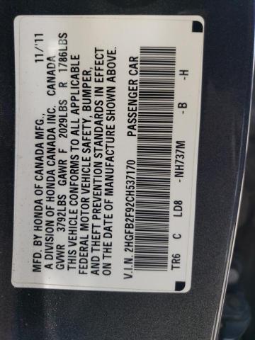 Photo 10 from auction – 2012 HONDA CIVIC EXL with VIN 2HGFB2F92CH537170