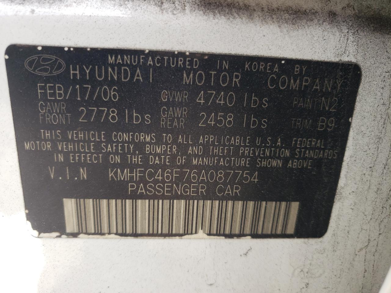 Photo 10 from auction – 2006 HYUNDAI AZERA SE with VIN KMHFC46F76A087754