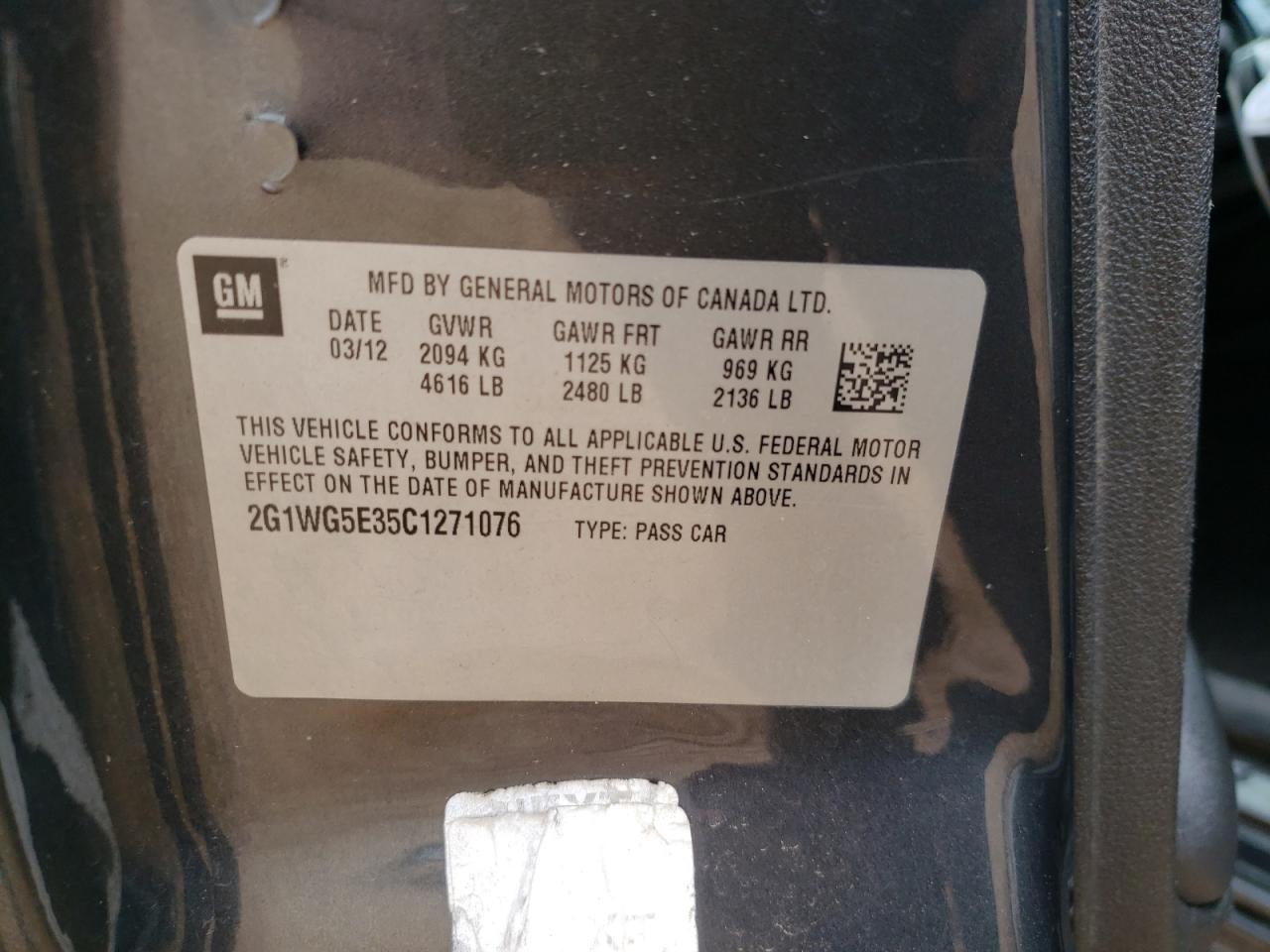 Photo 10 from auction – 2012 CHEVROLET IMPALA LT with VIN 2G1WG5E35C1271076