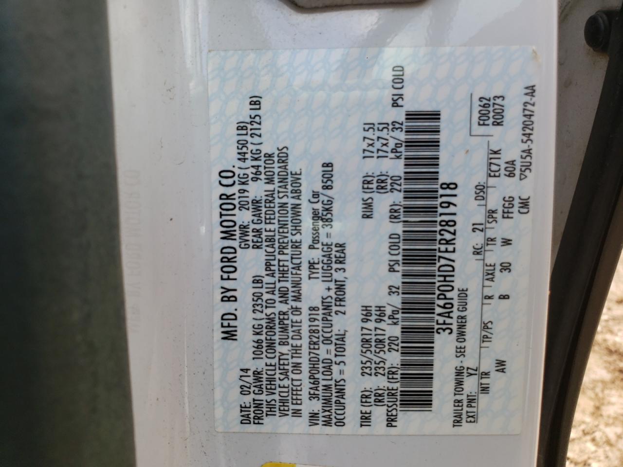 Photo 10 from auction – 2014 FORD FUSION with VIN 3FA6P0HD7ER281918