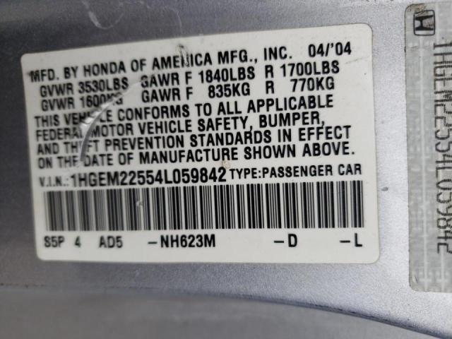 Photo 10 from auction – 2004 HONDA CIVIC LX with VIN 1HGEM22554L059842