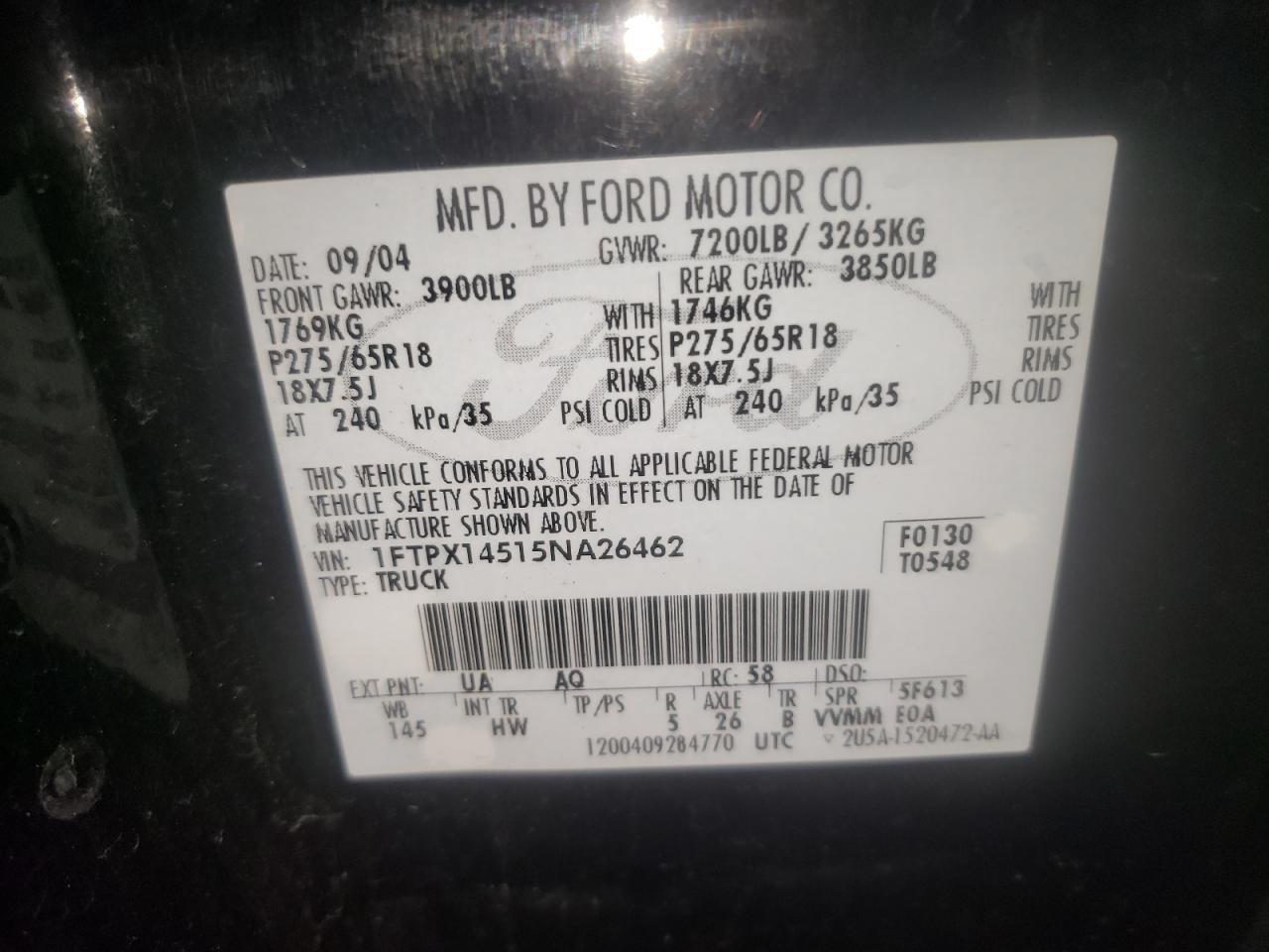 Photo 10 from auction – 2005 FORD F150 with VIN 1FTPX14515NA26462