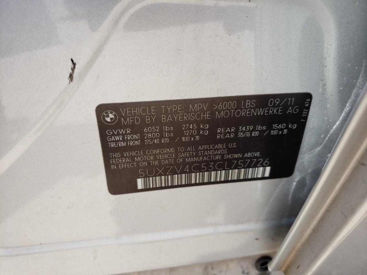 Photo 11 from auction – 2012 BMW X5 XDRIVE3 with VIN 5UXZV4C53CL757726
