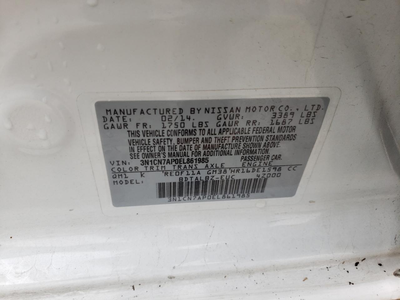 Photo 10 from auction – 2014 NISSAN VERSA S with VIN 3N1CN7AP0EL861985